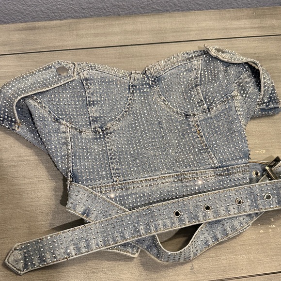 Women's rhinestone Studded Denim Corset Top